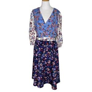 1901 Colorblock Floral V Neck Faux Wrap Tie at the Waist Dress Size 12
